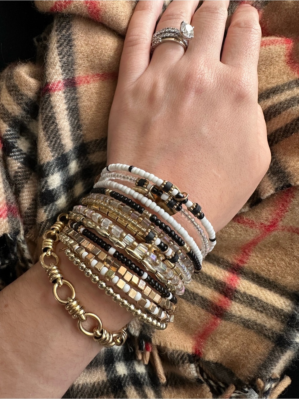 Layered Gold, White & Black Beaded Stretch Bracelet